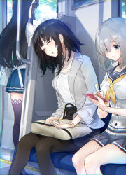 Rule 34 | 3girls, alternate costume, alternate legwear, amami amayu, bag, black hair, black skirt, blue eyes, blue skirt, blush, breasts, casual, cellphone, closed eyes, collarbone, commentary request, glass, grey jacket, hair ornament, hair over one eye, hairclip, hamakaze (kancolle), handbag, headband, jacket, kantai collection, large breasts, long hair, looking outside, multiple girls, ooyodo (kancolle), open clothes, open jacket, open mouth, pantyhose, pencil skirt, phone, pleated skirt, school uniform, serafuku, shirt, short hair, silver hair, sitting, skirt, sleeping, smartphone, smile, striped clothes, striped skirt, takao (kancolle), thighhighs, train, train interior, watch, white headband, white shirt, wristwatch