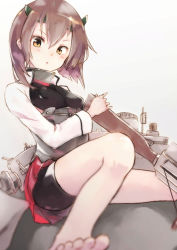 Rule 34 | &gt;:o, 10s, 1girl, :o, barefoot, bike shorts, bow (weapon), brown hair, crossbow, hakama, hakama short skirt, hakama skirt, headband, headgear, highres, japanese clothes, kantai collection, long sleeves, looking at viewer, machinery, miysin, pleated skirt, red skirt, short hair, simple background, sitting, skirt, solo, taihou (kancolle), v-shaped eyebrows, weapon, white background