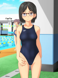 Rule 34 | 2girls, absurdres, black-framed eyewear, black hair, black one-piece swimsuit, blue sky, cameltoe, cleft of venus, cloud, collarbone, commentary request, competition swimsuit, cowboy shot, day, glasses, grey eyes, highleg, highres, logo, looking at viewer, multiple girls, one-piece swimsuit, original, pool, poolside, short hair, sky, solo focus, speedo (company), standing, swimsuit, takafumi