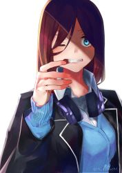 Rule 34 | 1girl, absurdres, ayauchi, blazer, blue eyes, cardigan, collared shirt, finger in own mouth, go-toubun no hanayome, headphones, headphones around neck, highres, jacket, long hair, looking at viewer, mouth pull, nakano miku, one eye closed, portrait, red hair, school uniform, shirt, signature, solo, teeth