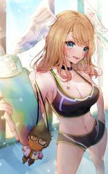 Rule 34 | 1girl, armpit crease, blue eyes, body markings, bottle, breasts, choker, cleavage, eunie (xenoblade), head wings, highres, large breasts, light brown hair, navel, nemu (ut kakinotane), shaking, solo, sports bra, sportswear, stuffed toy, taion (xenoblade), water bottle, wings, xenoblade chronicles (series), xenoblade chronicles 3