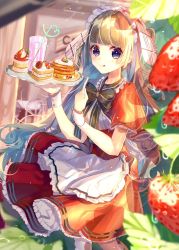 Rule 34 | 1girl, black bow, blue eyes, blueberry, blurry, blurry background, bow, chair, dress, drink, drinking straw, food, frilled dress, frills, fruit, highres, licking lips, light brown hair, long hair, looking at viewer, maid, original, pancake, pointing, pointing at self, red dress, solo, sparkle, standing, strawberry, tongue, tongue out, tray, tyanotya, water drop, wrist cuffs