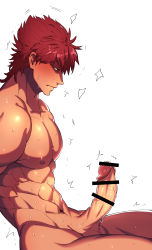 Rule 34 | 1boy, abs, bar censor, bara, blush, censored, completely nude, erection, from side, highres, large pectorals, magi the labyrinth of magic, male focus, masrur, muscular, muscular male, navel, nipples, nude, pectorals, penis, red eyes, red hair, short hair, solo, twitching penis, yu (8dgc4mfc)