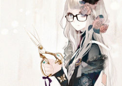 Rule 34 | 1girl, animal print, arms up, bad id, bad pixiv id, blue eyes, blunt bangs, bow, brooch, bug, butterfly, butterfly print, flower, frills, glasses, grey hair, hair flower, hair ornament, hat, heart, insect, jewelry, long hair, nail polish, original, pink flower, pink rose, rose, scissors, serious, shikishima (eiri), solo, upper body