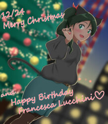 Rule 34 | 1girl, absurdres, animal ears, black pantyhose, black sweater, blue skirt, blush, breasts, cat ears, cat girl, cat tail, christmas, christmas tree, earrings, fang, francesca lucchini, green eyes, green hair, hair ribbon, highres, jewelry, long hair, open mouth, pantyhose, ribbon, skirt, small breasts, smile, solo, strike witches, sweater, tail, wanwan 0301, world witches series