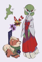 Rule 34 | body fur, chingling, closed eyes, colored skin, creatures (company), dog, game freak, gardevoir, gen 1 pokemon, gen 3 pokemon, gen 4 pokemon, green hair, growlithe, highres, japanese clothes, kimono, map, medium hair, multicolored skin, nintendo, no humans, orange fur, pokemon, pokemon (creature), red eyes, red skin, red skirt, rendoll, simple background, skirt, white background, white skin