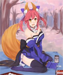 Rule 34 | 10s, 1girl, alcohol, animal ears, beer, beer can, blue thighhighs, blush, breasts, can, canet, cleavage, detached sleeves, drink can, fang, fate/extra, fate/grand order, fate (series), feet, fox ears, fox tail, hair ribbon, highres, japanese clothes, large breasts, looking at viewer, no shoes, open mouth, pink hair, ribbon, ruchiteumu, sitting, solo, sugita (merinib), tail, tamamo no mae (fate/extra), thighhighs, yellow eyes