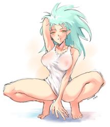 Rule 34 | 1girl, arm support, bare arms, bare legs, bare shoulders, barefoot, breasts, covered erect nipples, dated, earrings, full body, jewelry, kenshin187, large breasts, long hair, looking at viewer, naked shirt, no bra, parted lips, pearl earrings, pointy ears, ryouko (tenchi muyou!), see-through, shirt, signature, sketch, solo, squatting, tenchi muyou!, tiptoes, toenails, white background, white shirt, yellow eyes
