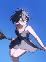 Rule 34 | 1girl, :o, bare arms, black clover, black dress, black hair, black horns, blue background, bob cut, breasts, broom, broom riding, cleavage, dress, feathers, highres, horns, medium breasts, open mouth, poonwip, red eyes, secre swallowtail, short hair, simple background, solo