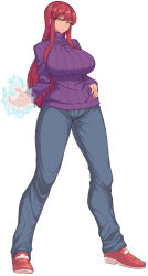 Rule 34 | 1girl, biriri (spacezin), breasts, contrapposto, covered erect nipples, creatures (company), curvy, denim, electricity, female focus, full body, game freak, gen 1 pokemon, hand on own hip, highres, huge breasts, impossible clothes, impossible sweater, jeans, large breasts, long hair, long legs, looking at viewer, nintendo, nipples, pants, personification, pokemon, powering up, purple sweater, red footwear, red hair, ribbed sweater, serious, shoes, simple background, slit pupils, sneakers, solo, spacezin, standing, sweater, tall, tall female, thick thighs, thighs, tight clothes, tight pants, tsurime, turtleneck, turtleneck sweater, very long hair, voltorb, white background, yellow eyes