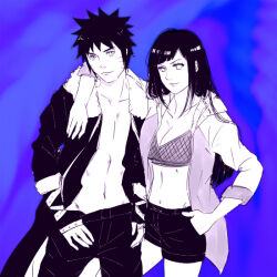 Rule 34 | 1boy, 1girl, artist request, black hair, blue background, breasts, cleavage, closed mouth, couple, facial mark, hyuuga hinata, jacket, long hair, looking at viewer, medium breasts, naruto: road to ninja, naruto (series), open clothes, open jacket, source request, spiked hair, uzumaki naruto, whisker markings