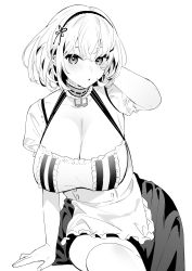 Rule 34 | 1girl, :o, absurdres, anchor choker, apron, azur lane, bekotarou, blush, bob cut, breasts, cleavage, collarbone, commentary, frilled apron, frills, greyscale, hair between eyes, hairband, hand in own hair, highres, lace-trimmed hairband, lace trim, large breasts, looking at viewer, monochrome, open mouth, puffy short sleeves, puffy sleeves, short hair, short sleeves, sidelocks, simple background, sirius (azur lane), solo, thighhighs, waist apron, white background