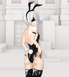 Rule 34 | 1girl, absurdres, adjusting clothes, amrb, animal ears, armband, ass, backless outfit, bodysuit, boots, fake animal ears, fake tail, fishnet pantyhose, fishnets, highleg, highleg leotard, highres, latex, latex bodysuit, latex boots, leotard, nier:automata, nier (series), pantyhose, playboy bunny, rabbit ears, rabbit tail, side-tie leotard, strapless, strapless leotard, tail, thigh boots, thighs, wrist cuffs, 2b (nier:automata)