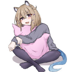 Rule 34 | 1girl, animal ears, arknights, black thighhighs, brown hair, fang, grey sweater, hair ornament, hairclip, holding, holding pillow, indian style, looking at viewer, maiq06, medium hair, open mouth, pillow, purple eyes, simple background, sitting, skin fang, solo, sweater, tail, thighhighs, utage (arknights), white background, x hair ornament