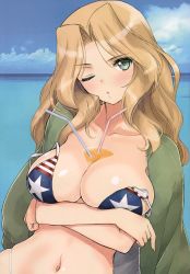 Rule 34 | 10s, 1girl, ;o, absurdres, american flag bikini, aqua eyes, between breasts, bikini, bikini under clothes, blonde hair, blush, breasts, bust cup, cleavage, collarbone, crossed arms, day, drink, drinking straw, flag print, girls und panzer, green jacket, head tilt, highres, jacket, jacket on shoulders, kay (girls und panzer), large breasts, liquid, long hair, looking at viewer, navel, ocean, one eye closed, outdoors, parted lips, puckered lips, shiny skin, skindentation, solo, stomach, strap slip, summer, swimsuit, tony taka, upper body, water, wavy hair