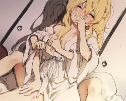 Rule 34 | 2girls, ^ ^, bare shoulders, black hair, blonde hair, blush, closed eyes, collarbone, commentary request, covering own mouth, dutch angle, grabbing, grabbing another&#039;s breast, hair between eyes, hakurei reimu, hand up, hickey, hug, hug from behind, indoors, kirisame marisa, long hair, long sleeves, multiple girls, no headwear, nose blush, off shoulder, piyokichi, robe, sitting, solo focus, thighs, touhou, white robe, wide sleeves, yuri