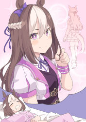 Rule 34 | 1girl, alternate hairstyle, blush, bow, braid, bright pupils, brown hair, closed eyes, closed mouth, cropped jacket, dreaming, drooling, ear bow, french braid, grey jacket, hair between eyes, hair ribbon, twirling hair, hand up, horse girl, horse tail, jacket, long hair, looking at viewer, lying, medium hair, mouth drool, multiple views, neck ribbon, on back, open clothes, open jacket, open mouth, projected inset, puffy short sleeves, puffy sleeves, purple bow, purple eyes, purple ribbon, ribbon, shiseki hirame, short sleeves, sleeping, smile, special week (umamusume), tail, umamusume, white pupils, wristband