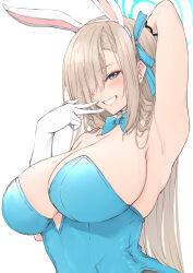 Rule 34 | 1girl, animal ears, aqua leotard, aqua ribbon, arm up, armpits, asuna (blue archive), asuna (bunny) (blue archive), blonde hair, blue archive, blue eyes, blue halo, blush, breasts, commentary request, detached collar, elbow gloves, fake animal ears, gloves, grin, hair ornament, hair over one eye, hair ribbon, hairband, halo, highres, large breasts, leotard, long hair, official alternate costume, one eye covered, parted lips, playboy bunny, rabbit ears, ribbon, simple background, smile, solo, suien, teeth, upper body, white background, white gloves, white hairband