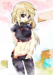 Rule 34 | 10s, 1girl, :o, arm behind back, blonde hair, blush, bodysuit, breasts, charlotte dunois, clothes pull, contrapposto, cowboy shot, crop top, crossdressing, groin, hair between eyes, hair ribbon, infinite stratos, jewelry, large breasts, long hair, looking at viewer, low ponytail, midriff, navel, no panties, open mouth, pants, pants pull, pendant, pilot suit, ponytail, purple eyes, raised eyebrows, ribbon, ruha69, shirt, short sleeves, skin tight, solo, standing, taut clothes, taut shirt, turtleneck