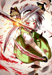 Rule 34 | 1girl, black bow, black bowtie, black hairband, black ribbon, blood, blood in hair, blood on clothes, blood on face, bloody weapon, bob cut, bow, bowtie, closed mouth, collared shirt, commentary request, dual wielding, full body, green skirt, green vest, hair ribbon, hairband, highres, holding, katana, konpaku youmu, looking to the side, ribbon, shirt, shoes, short hair, short sleeves, skirt, skirt set, socks, solo, sparks, sword, sword clash, touhou, vest, wakizashi, weapon, white hair, white shirt, white socks, youmu-kun
