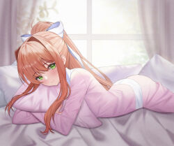 Rule 34 | 1girl, blush, bow, brown hair, closed mouth, commentary, curtains, doki doki literature club, english commentary, green eyes, hair bow, highres, hugging object, indoors, long hair, long sleeves, looking at viewer, lying, monika (doki doki literature club), on stomach, pajamas, pants, pillow, pillow hug, pink curtains, pink pajamas, pink pants, pink shirt, ponytail, ribbon, shirt, smile, solo, white bow, white ribbon, window, yami (rear4742)