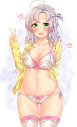 Rule 34 | 10s, 1girl, absurdres, ahoge, bra, breasts, green eyes, highres, jacket, kantai collection, kinugasa (kancolle), kinugasa kai ni (kancolle), large breasts, lingerie, looking at viewer, navel, open mouth, panties, pikacchi, shiny skin, silver hair, simple background, solo, thighhighs, underwear, v, white background, white bra, white panties, yellow jacket