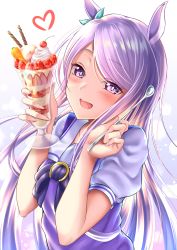 Rule 34 | animal ears, arms up, blouse, blue bow, bow, carrot, cherry, commentary request, eyes visible through hair, food, fruit, gradient background, hair bow, heart, highres, holding, holding food, holding spoon, horse ears, horseshoe, ice cream, light blush, light particles, long hair, looking at viewer, mejiro mcqueen (umamusume), open mouth, pink eyes, pink hair, purple bow, purple shirt, rairaisuruyo, school uniform, shirt, short sleeves, smile, solo, spoon, strawberry, swept bangs, tracen school uniform, umamusume, whipped cream, white background