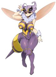 Rule 34 | 1girl, arthropod girl, bad id, bad twitter id, bee girl, black eyes, breasts, full body, fur collar, highres, huge breasts, insect girl, insect wings, light purple hair, looking at viewer, q-bee, simple background, slugbox, solo, stinger, vampire (game), white background, wings
