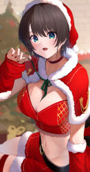 Rule 34 | 1girl, absurdres, belt, black belt, black hair, blue eyes, blush, breasts, capelet, choker, christmas, cleavage, commentary request, earrings, fingernails, green ribbon, hair between eyes, hat, highres, hololive, jewelry, large breasts, midriff, mikaku, nail polish, navel, oozora subaru, open mouth, red capelet, red choker, red hat, red nails, red skirt, ribbon, santa hat, short hair, sitting, skirt, solo, star (symbol), star earrings, virtual youtuber