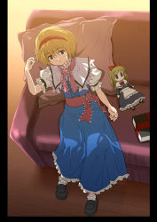 Rule 34 | 1girl, alice margatroid, blonde hair, book, brown eyes, capelet, couch, dress, female focus, from above, hairband, haniwa, haniwa (leaf garden), pillarboxed, pillow, shanghai doll, short hair, sitting, solo, touhou, yellow eyes