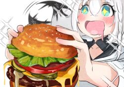 Rule 34 | 1girl, absurdres, blush, braid, burger, commentary request, drooling, food, fox girl, fox tail, green eyes, hair between eyes, highres, holding, holding burger, holding food, hololive, looking at viewer, motion lines, mouth drool, open mouth, partial commentary, payano i, pentagram, shirakami fubuki, shirakami fubuki (1st costume), sidelocks, single braid, solo, sparkle, tail, virtual youtuber, white hair