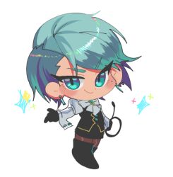 Rule 34 | &gt;:), 1girl, ace attorney, arm at side, black footwear, black gloves, black skirt, black suit, black vest, blue eyes, blue hair, blush, boots, bow, bowtie, brooch, brown pantyhose, buttons, chibi, earrings, formal, franziska von karma, gloves, holding, holding whip, jewelry, juliet sleeves, kaburiburi, legs together, long sleeves, looking at viewer, miniskirt, mole, mole under eye, outstretched arm, pantyhose, pencil skirt, puffy sleeves, shirt, short hair, simple background, skirt, skirt suit, sleeve cuffs, smile, smug, solo, sparkle, standing, suit, swept bangs, v-shaped eyebrows, vest, white background, white bow, white bowtie, white shirt