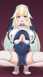 Rule 34 | 1girl, absurdres, aizawa ema, alternate costume, aqua hair, blonde hair, blue dress, blue eyes, blunt bangs, breasts, cosplay, covered navel, dress, gradient hair, habit, hair flaps, highres, hololive, houshou marine, houshou marine (cosplay), houshou marine (nun), large breasts, long hair, looking at viewer, multicolored hair, nun, open mouth, own hands clasped, own hands together, paid reward available, shinya bokujou, simple background, smile, solo, spread legs, squatting, thighhighs, veil, very long hair, virtual youtuber, vspo!, white thighhighs