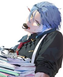 Rule 34 | 1boy, 6uoou, absurdres, black shirt, blue hair, book, book stack, breast pocket, cellphone, collared shirt, commentary, cookie, cradling phone, english commentary, eyelashes, unworn eyewear, food, food in mouth, glasses, green eyes, grey hair, head tilt, hex haywire, highres, holding, male focus, mouth hold, multicolored hair, necktie, nijisanji, nijisanji en, notebook, open mouth, oreo, parted bangs, pencil, pencil behind ear, phone, pocket, red necktie, sandwich cookie, shirt, short hair, sidelocks, simple background, sleeves rolled up, smartphone, solo, streaked hair, suspenders, sweatdrop, talking on phone, teeth, upper body, v-shaped eyebrows, virtual youtuber, white background, wing collar, wrapper