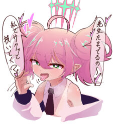 Rule 34 | 1girl, ahoge, black necktie, blue archive, blush, fellatio gesture, flat chest, green eyes, green horns, hair between eyes, halo, heart, heart-shaped pupils, highres, horns, long hair, looking at viewer, momoka (blue archive), necktie, oyatu potage, pink hair, pointy ears, simple background, steam, symbol-shaped pupils, tail, tongue, tongue out, translation request, twintails, white background