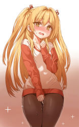 Rule 34 | 1girl, @ @, black pantyhose, blonde hair, blouse, blush, breasts, cleavage, gradient background, hahri&#039;s lumpy boardhouse, hair ribbon, hand on own chest, highres, jung kyuyoung, long hair, long sleeves, multicolored shirt, mx2j, no panties, non-web source, orange shirt, pantyhose, pussy juice, pussy juice trail, raglan sleeves, ribbon, shirt, simple background, sleeves past wrists, small breasts, solo, sparkle, sweat, thigh gap, two side up, white shirt, yellow eyes