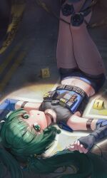 1girl absurdres android black_gloves fingerless_gloves gloves green_eyes green_hair high-waist_pants highres indoors looking_at_viewer lying midriff navel nq_(nnq_q) on_back pants parted_lips police police_uniform policewoman qingyi_(zenless_zone_zero) robot_girl solo twintails upside-down zenless_zone_zero