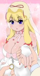 Rule 34 | 1girl, :&lt;, bad id, bad pixiv id, bare shoulders, blonde hair, blue eyes, bow, bowtie, breasts, bridal gauntlets, bridal veil, bride, choker, cleavage, dress, female focus, hair bow, holding hands, highres, holding, holding jewelry, holding ring, jewelry, large breasts, long hair, nail polish, out of frame, pov, pov hands, marriage proposal, red nails, ring, shigeruoomi, solo focus, touhou, veil, wedding, wedding dress, yakumo yukari