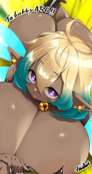 1girl ahoge aqua_hair ass bell bell_(tamada_heijun) blonde_hair breasts dark-skinned_female dark_skin earrings eyebrows eyelashes fairy fairy_wings highres huge_breasts jewelry looking_at_viewer medium_hair multicolored_hair open_mouth original pointy_ears purple_eyes solo toudori wings