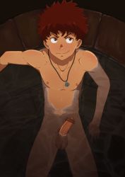 Rule 34 | 1boy, bar censor, bath, bathing, blush, brown eyes, brown hair, censored, completely nude, erection, hai to gensou no grimgar, highres, jewelry, looking away, male focus, navel, necklace, nipples, nude, partially submerged, pectorals, penis, ranta (grimgar), red eyes, red hair, sladerang, solo, testicles, toned, toned male, water, wet
