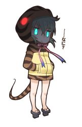 Rule 34 | 1girl, blue eyes, blue hair, closed mouth, geta, highres, hood, hoodie, kemono friends, knees, looking at viewer, official art, red eyes, ribbon, short hair, slit pupils, snake print, snake tail, solo, tachi-e, tail, transparent background, tsuchinoko (kemono friends), yoshizaki mine