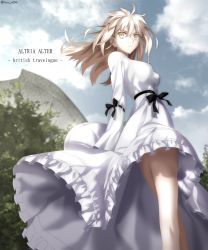 Rule 34 | &gt;:(, 1girl, ahoge, artoria pendragon (all), artoria pendragon (fate), bare legs, black bow, blonde hair, blue sky, bow, breasts, character name, closed mouth, cloud, day, dress, english text, fate/grand order, fate (series), feet out of frame, foo (pixiv54892036), frilled dress, frills, from behind, highres, long hair, long sleeves, looking at viewer, looking back, medium breasts, outdoors, saber alter, sky, solo, standing, twitter username, white dress, yellow eyes