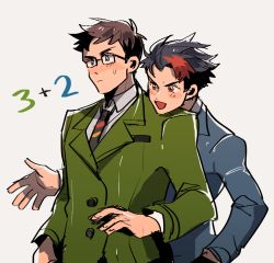 Rule 34 | 2boys, bad id, bad twitter id, black hair, blazer, blue eyes, brown eyes, edward the blue engine, glasses, grey background, hand in pocket, head on another&#039;s shoulder, henry the green engine, jacket, kendy (revolocities), male focus, multicolored hair, multiple boys, red eyes, scar, school uniform, short hair, simple background, smile, streaked hair, sweatdrop, thomas the tank engine