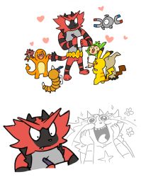 Rule 34 | action figure, bad id, bad pixiv id, bug, charmander, chespin, comic, creatures (company), crying, fang, flame-tipped tail, flat color, flower, furry, game freak, gen 1 pokemon, gen 6 pokemon, gen 7 pokemon, happy, happy tears, heart, incineroar, lizard, magnemite, magnet, mimikyu, mouse (animal), nintendo, paper, partially colored, pen, pikachu, plainwhite, pokemon, pokemon (creature), pokemon sm, tears, tiger, tsundere, weedle, white background, writing