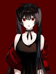 Rule 34 | 1girl, bad id, bad pixiv id, bare shoulders, bell, black dress, black hair, breasts, choker, cleavage, collarbone, dress, fang, jingle bell, large breasts, long hair, looking at viewer, naru (ul), off shoulder, open mouth, original, red background, red eyes, ribbon choker, simple background, sleeveless, sleeveless dress, solo, twintails, upper body, very long hair