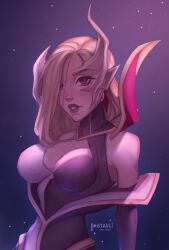 Rule 34 | 1girl, absurdres, artist name, bare shoulders, blonde hair, coven morgana, dress, earrings, hair over one eye, highres, horns, jewelry, league of legends, long hair, long sleeves, morgana (league of legends), multicolored background, parted lips, pointy ears, red eyes, red lips, single horn, solo, starli (starlianechan), teeth, upper body, watermark