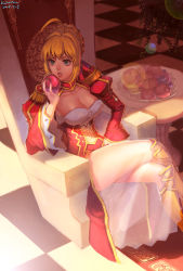 Rule 34 | 10s, 1girl, absurdres, ahoge, apple, armor, blonde hair, breasts, dress, epaulettes, fate/extra, fate (series), food, fruit, greaves, green eyes, highres, kalata, large breasts, crossed legs, nero claudius (fate), nero claudius (fate) (all), nero claudius (fate/extra), red dress, see-through, sitting, solo, throne