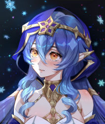 Rule 34 | 1girl, absurdres, bare shoulders, blue background, blue hair, blue hood, blush, closed mouth, detached sleeves, drill hair, drill sidelocks, genshin impact, hair between eyes, hair ornament, highres, jewelry, layla (genshin impact), looking at viewer, mihan77108047, neck ring, orange eyes, pointy ears, ringlets, sidelocks, snowflakes, solo, upper body