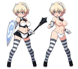 Rule 34 | 10s, 1girl, alternate costume, apron, arm strap, ascot, bad id, bad twitter id, bare shoulders, blonde hair, blue eyes, blush, brave witches, breasts, cleavage, cleavage cutout, clothing cutout, female focus, large breasts, mace, navel, nikka edvardine katajainen, nipples, null (nyanpyoun), open mouth, shield, short hair, simple background, skirt, solo, strike witches, striped clothes, striped thighhighs, thighhighs, waist apron, weapon, white background, world witches series, zettai ryouiki