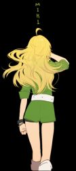 Rule 34 | 1girl, ahoge, bad id, bad pixiv id, belt, black background, blonde hair, bracelet, character name, from behind, hoshii miki, idolmaster, idolmaster (classic), jewelry, long hair, rod (rod4817), simple background, solo